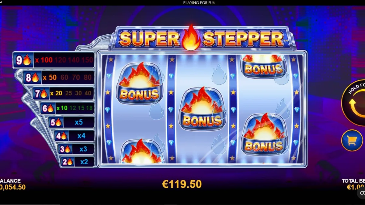 Tampilan visual slot Super Stepper dengan tema neon ungu dan tangga pengganda